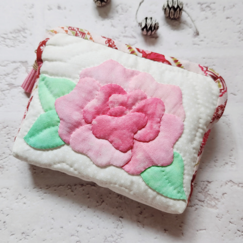 ローズのアップリケポーチ＊キャシー中島 ハワイアンキルト パッチ