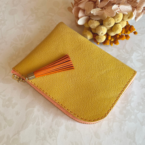 ミニ財布 　 L字ファスナー　パイソン ♡ハートモチーフ♡ イエロー&オレンジ ミニ財布 コンパクト L字ファスナー パイソン ♡ハートモチーフ