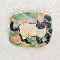 ネコの陶板　シャムねこ　白黒　インテリア飾り・壁掛け　北欧風　植物お花　手作り陶器・陶芸 8枚目の画像