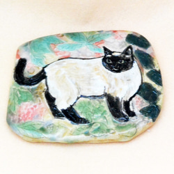 ネコの陶板　シャムねこ　白黒　インテリア飾り・壁掛け　北欧風　植物お花　手作り陶器・陶芸 10枚目の画像