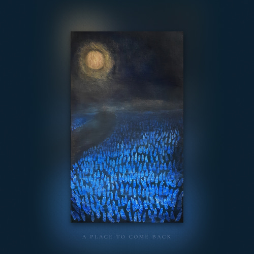 只今 加筆中】 「帰る場所」 M3号 アクリル画 月 夜 花 青い花 月夜  