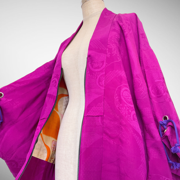 アンティーク ファスナー羽織 アイレット 作務衣 着物リメイク 和モード 着物コート 男女兼用 紫 51105 6枚目の画像