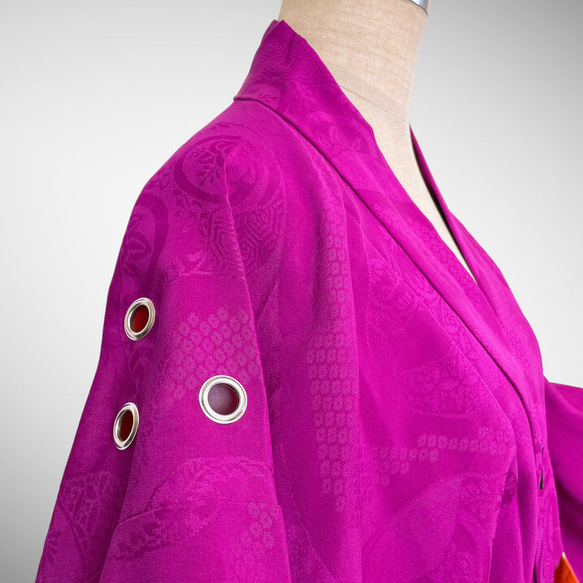 アンティーク ファスナー羽織 アイレット 作務衣 着物リメイク 和モード 着物コート 男女兼用 紫 51105 5枚目の画像