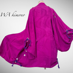 アンティーク ファスナー羽織 アイレット 作務衣 着物リメイク 和モード 着物コート 男女兼用 紫 51105 3枚目の画像
