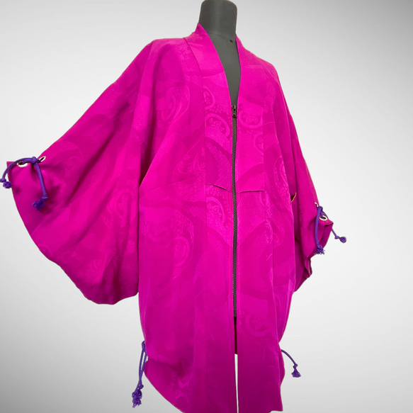 アンティーク ファスナー羽織 アイレット 作務衣 着物リメイク 和モード 着物コート 男女兼用 紫 51105 2枚目の画像