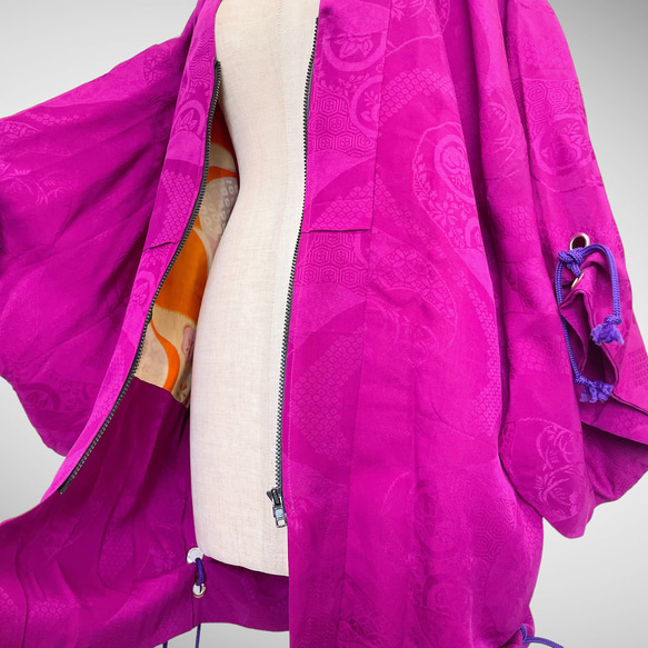 アンティーク ファスナー羽織 アイレット 作務衣 着物リメイク 和モード 着物コート 男女兼用 紫 51105 11枚目の画像