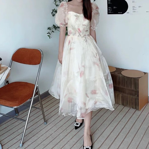 高品質カラードレス パフスリーブ ミモレ丈/床付くふわふわチュール  