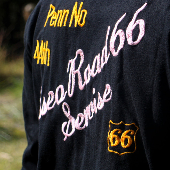 刺繍 綿100% 長袖Tシャツ  W-23052 Osseo Road 66 ブラック 5枚目の画像
