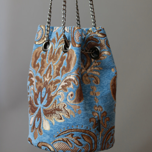 インテリアファブリック シェニール織 巾着バッグ（ブルー） 巾着