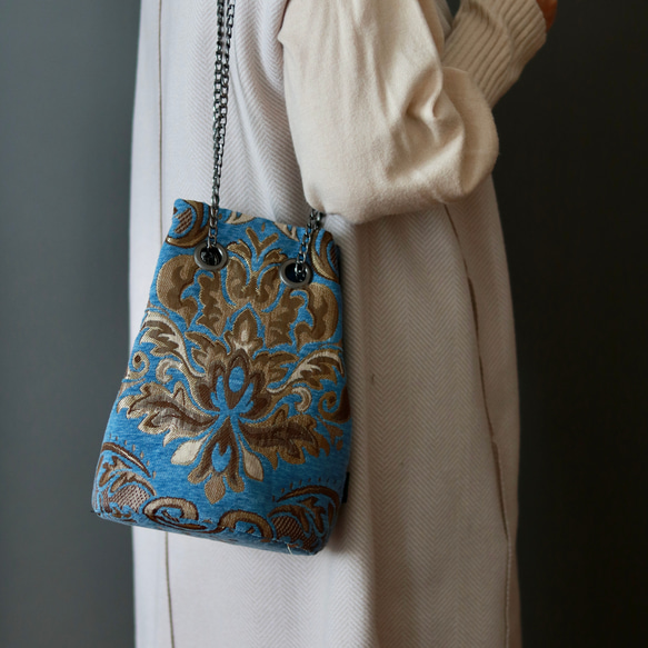 akua ハンドメイド 巾着バッグ インテリアファブリック シェニール織 巾着バッグ（ブルー） 巾着