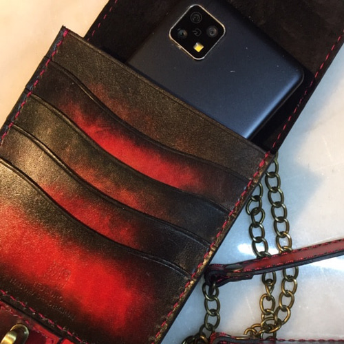 手染めヌメ革、スマホショルダーバッグ：ベスビオスレッド スマホ 