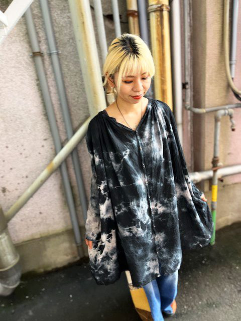 タイダイ染め　前開きワンピース　ムラ染め ブラック HD20-49