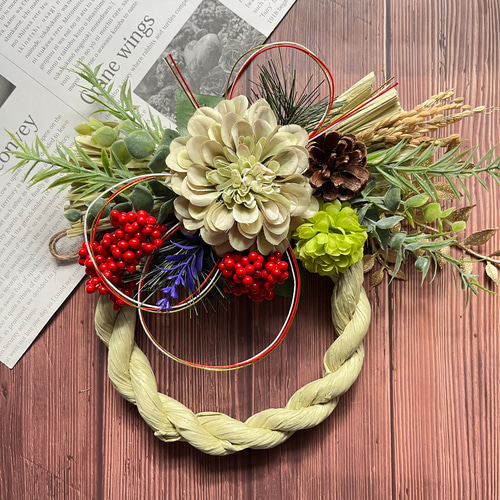 リース しめ縄飾り No.183 カラーの紅白のしめ縄リース2025 ハンドメイドお正月飾り