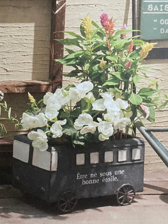 《可愛いバス型 ブリキ鉢》観葉植物 多肉植物 お花の寄せ植えに ガーデニング ビオラ パンジー アンティーク 450 2枚目の画像