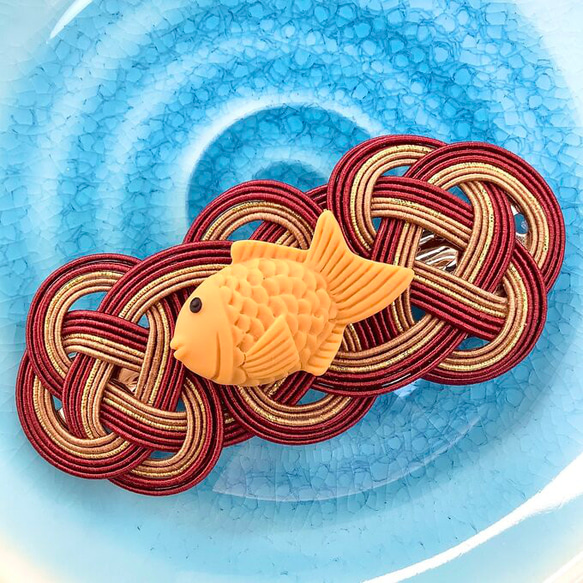 【たい焼き】水引　バレッタ　かわいい　おやつ　鯛　魚　和菓子 4枚目の画像