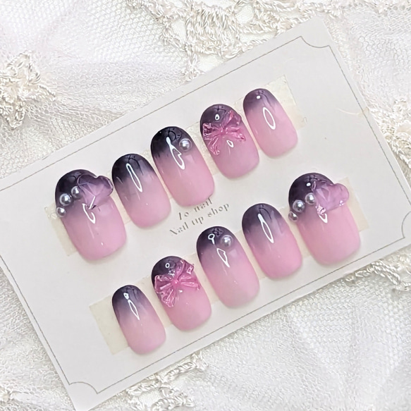 ♡リボンとハートのブルーネイル♡ ネイルチップ　ハンドメイド ♡リボンとハートのブルーネイル♡ ネイルチップ ハンドメイド