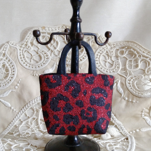 29㎝ドール用 トートバッグ レオパード柄⑧赤×黒 人形用バッグ