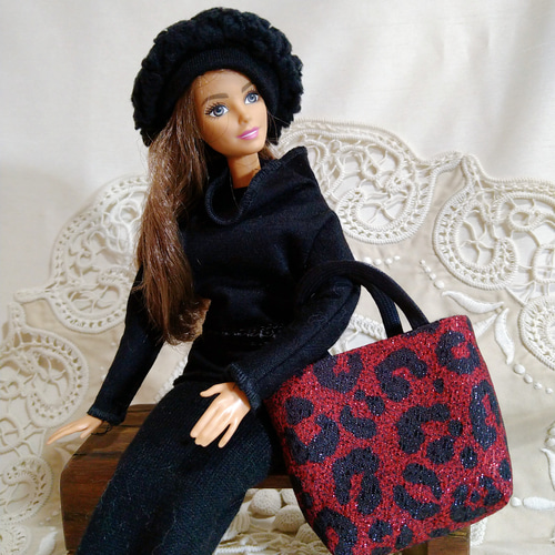 29㎝ドール用 トートバッグ レオパード柄⑧赤×黒 人形用バッグ  