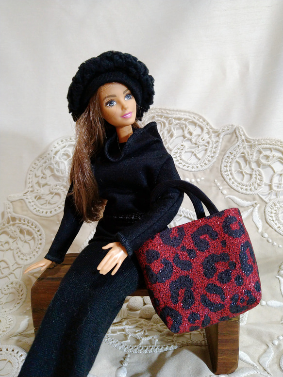 29㎝ドール用 トートバッグ レオパード柄⑧赤×黒 人形用バッグ