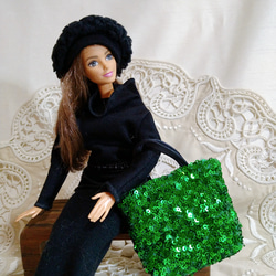 29㎝ドール用　トートバッグ　スパンコール④グリーン　人形用バッグ　バービー人形 1枚目の画像