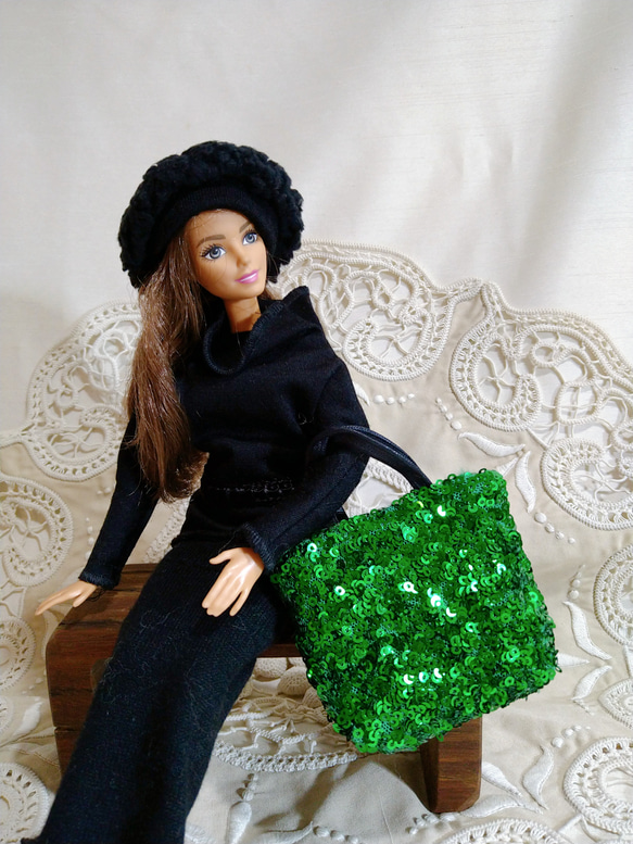 29㎝ドール用　トートバッグ　スパンコール④グリーン　人形用バッグ　バービー人形 1枚目の画像