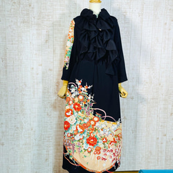 牡丹・菊・梅など花いっぱい正絹黒留袖ワンピースＭ～Ｌ＆ギャザーストール 6枚目の画像