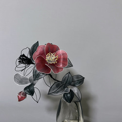 一点物】椿 赤と黒 水墨画風 ディップフラワー ワイヤーフラワー