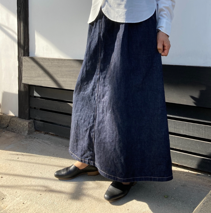 岡山デニム✨　赤耳　糸の色→お選びいただけます　ポケットなし　デニムスカート　デニム　ロングスカート　総ゴム　日本製