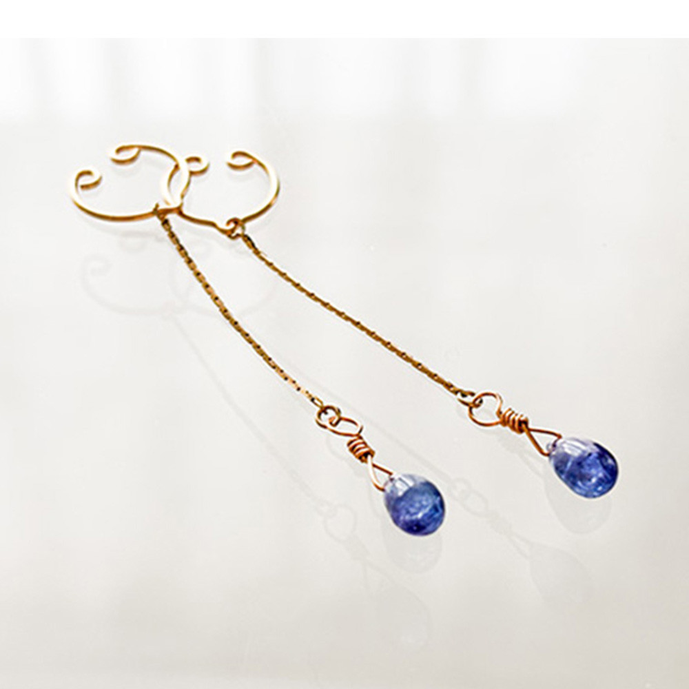 ノンホールピアス◆希少&高価 天然石◆タンザナイト＋ストレートチェーン使用◆1点のみ