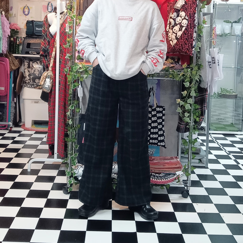 ブラックウオッチ ウールブレンド 裏地付きワイドパンツ