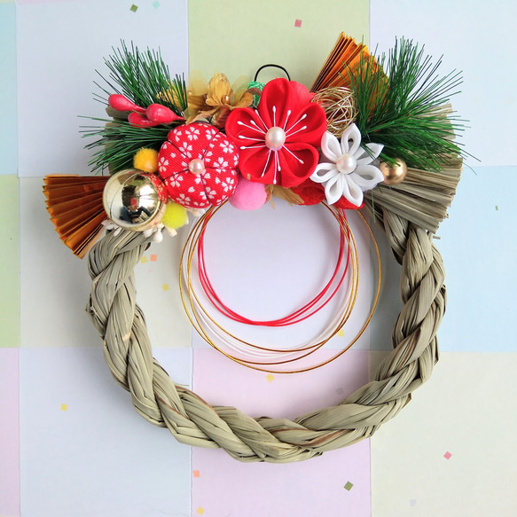 お正月しめ縄＊ハンドメイド 正月飾り リースしめ縄 お楽しみ○紅白椿しめ縄飾り○お正月飾り