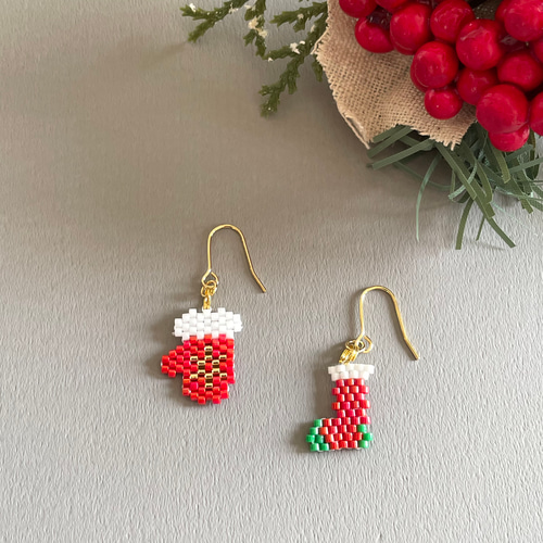 ビーズ の クリスマス 手袋 & ブーツ 耳飾り イヤリング ピアス