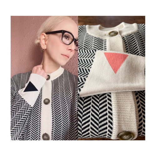 作家RATAさん セピア茶×ブラック　ヘリンボーンカーディガンcreema 美品 RATA❤️秋冬春にも❤️個性で彩る『着飾るカーディガン』❤️RATA国産