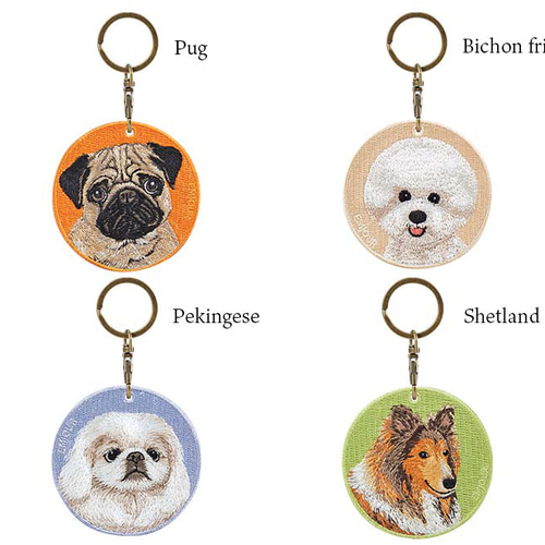 キーホルダー 犬 刺繍 パグ 動物 愛犬 プレゼント 両面