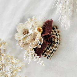 冬季限定。.:* アネモネと千鳥格子リボンのフラワーリボンアクセサリー01 / ドライフラワー髪飾り ヘアクリップ 8枚目の画像