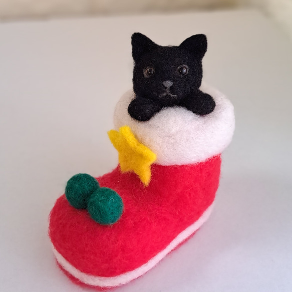 羊毛フェルト 癒し クリスマス ネコ クリスマスブーツ 羊毛フェルト猫