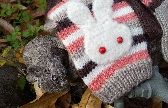 ボーター模様の手編み五本指手袋（赤目のシロウサギ） 2枚目の画像