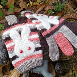 ボーター模様の手編み五本指手袋（赤目のシロウサギ） 5枚目の画像
