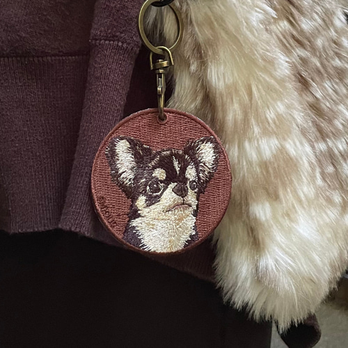 キーホルダー 犬 刺繍 チワワ ブラックタン プレゼント お散歩
