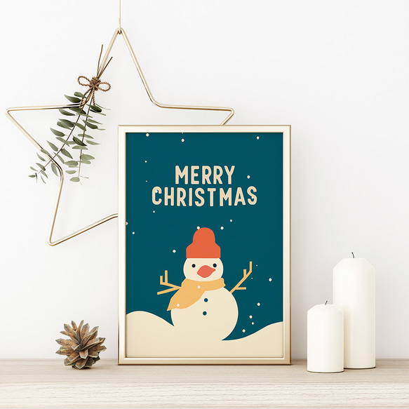 雪だるまのポスター / i1641 / 雪の夜、赤い車や雪だるま、クリスマスツリーなど　インテリアポスター 1枚目の画像