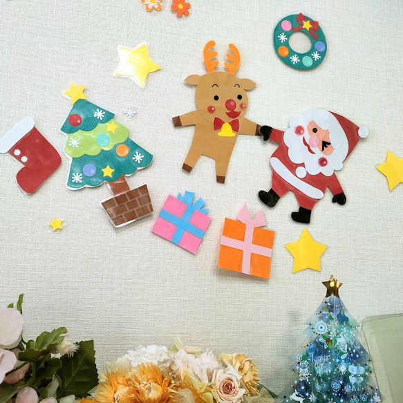 ラミネート　花ツリー　クリスマス　壁面飾り　～トナカイさんとサンタさんいつも仲良しだよ～リース・ツリー・プレゼント 2枚目の画像
