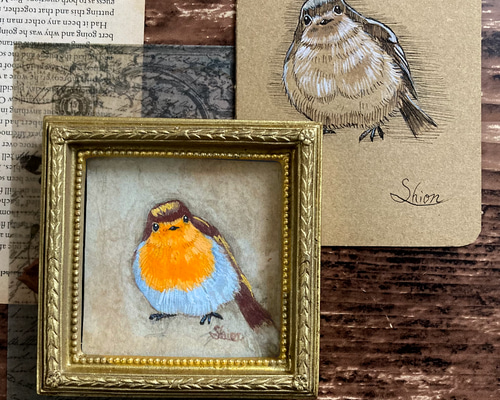 【楽天最安値に挑戦】 1点限り】コマドリの小さな絵④ 下絵ボード付き 小鳥 /原画 ビーズ、ガラス