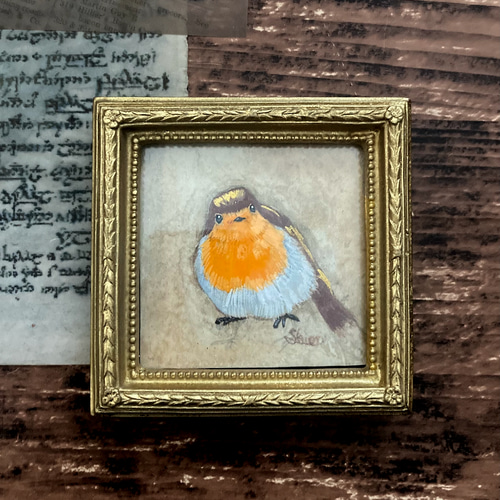 経典 1点限り】コマドリの小さな絵④ 下絵ボード付き 小鳥 /原画 ビーズ、ガラス