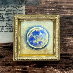 【1点限り】満月の小さな絵-青色-　下絵ボード付き　　/原画 天体　アンティーク　アート　日本画 3枚目の画像