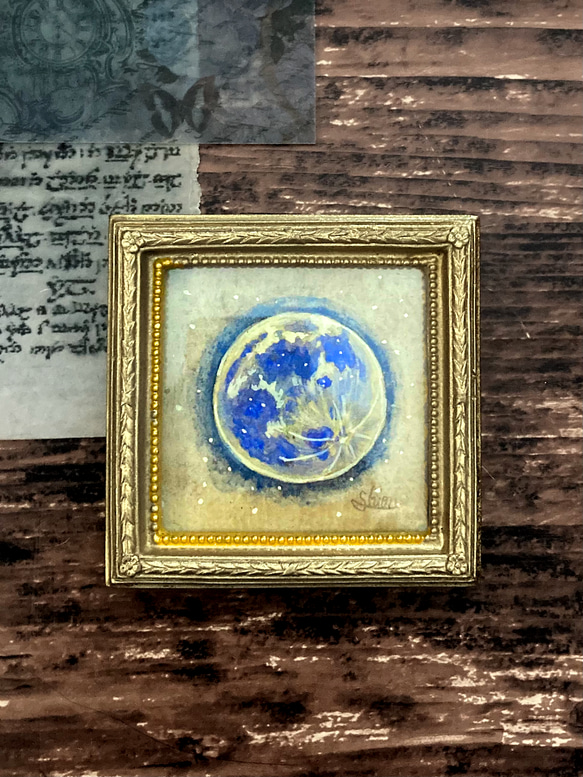 【1点限り】満月の小さな絵-青色-　下絵ボード付き　　/原画 天体　アンティーク　アート　日本画 3枚目の画像