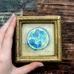 【1点限り】満月の小さな絵-緑色-　下絵ボード付き　　/原画 天体　アンティーク　アート　日本画 1枚目の画像