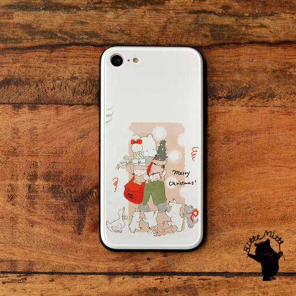 名入れ可 強化ガラス スマホケース＊クリスマス＊ガラス iPhoneケース シロクマ 犬 サンタクロース 1枚目の画像