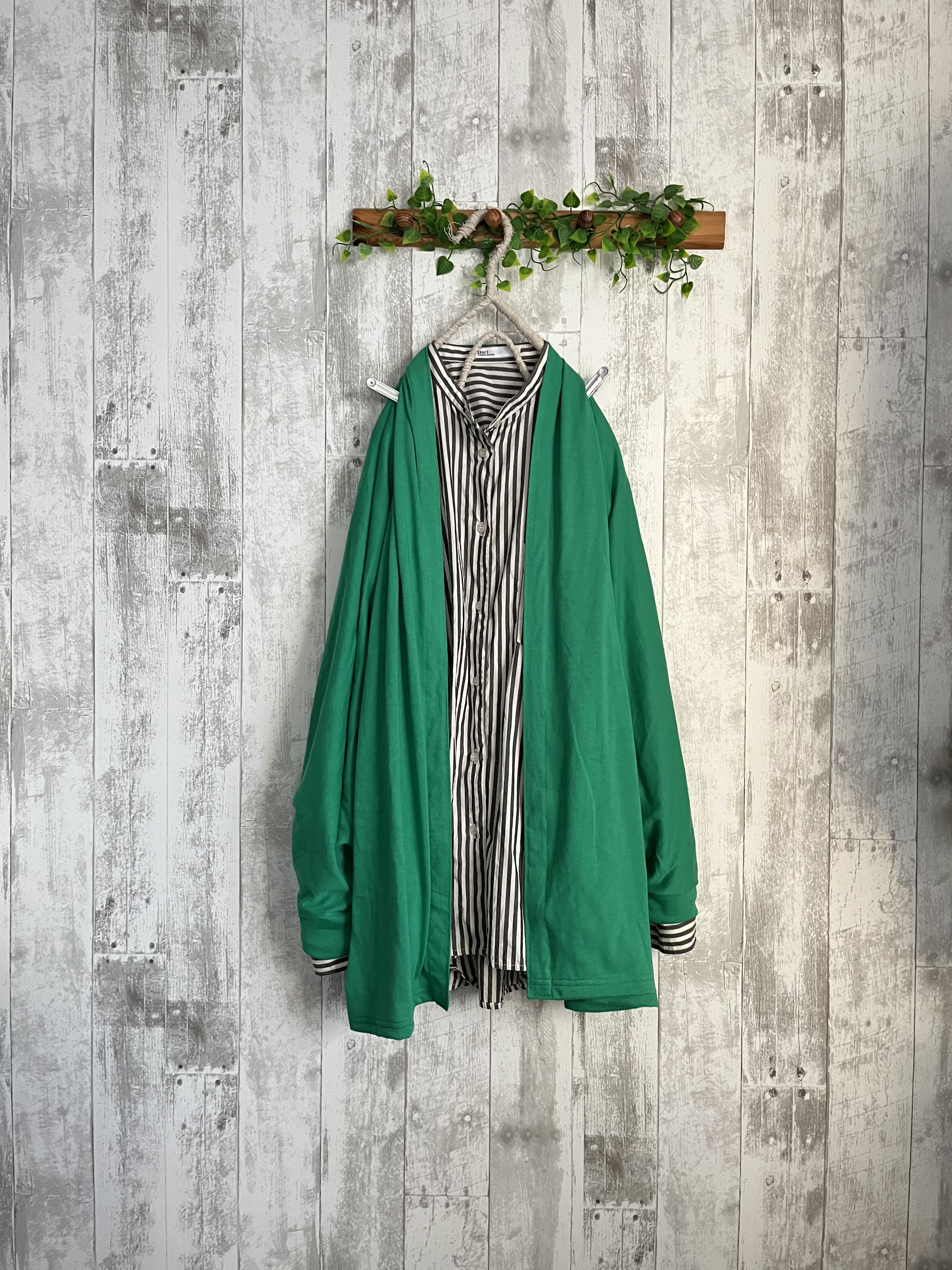 春秋グリーンニットドルマンローブカーディガン