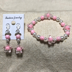 346、キッズイヤリング&キッズブレスレットセット ピンク 花