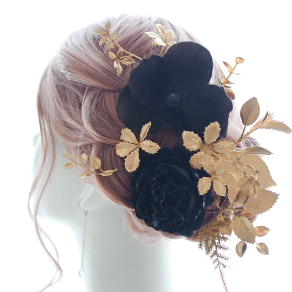 髪飾り　胡蝶蘭　バックカチューシャ　コチョウラン　黒　結婚式　ウェディング　ブライダル　ヘアアクセ　ヘッドドレス　 2枚目の画像